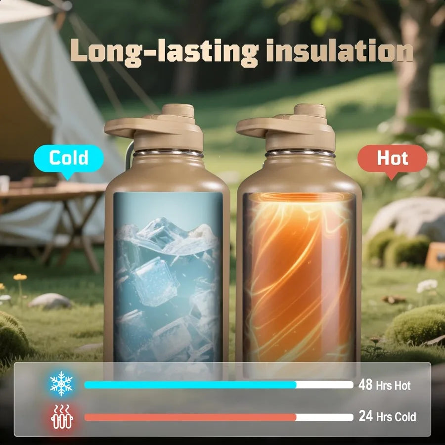 Tactical Half Gallon Water Bottle 64 oz Vacuum Insulated 3 BPA Free Lids Paracord Handle MOLLE Water Pouch Leakproof Sport Bott