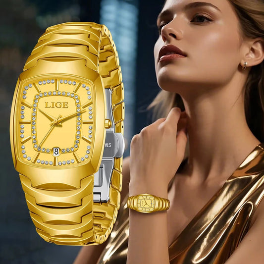 LIGE Golden Women Watches Creative Women Ceramic Bracelet Wrist Watches Ladies Square Waterproof Female Relogios Feminino
