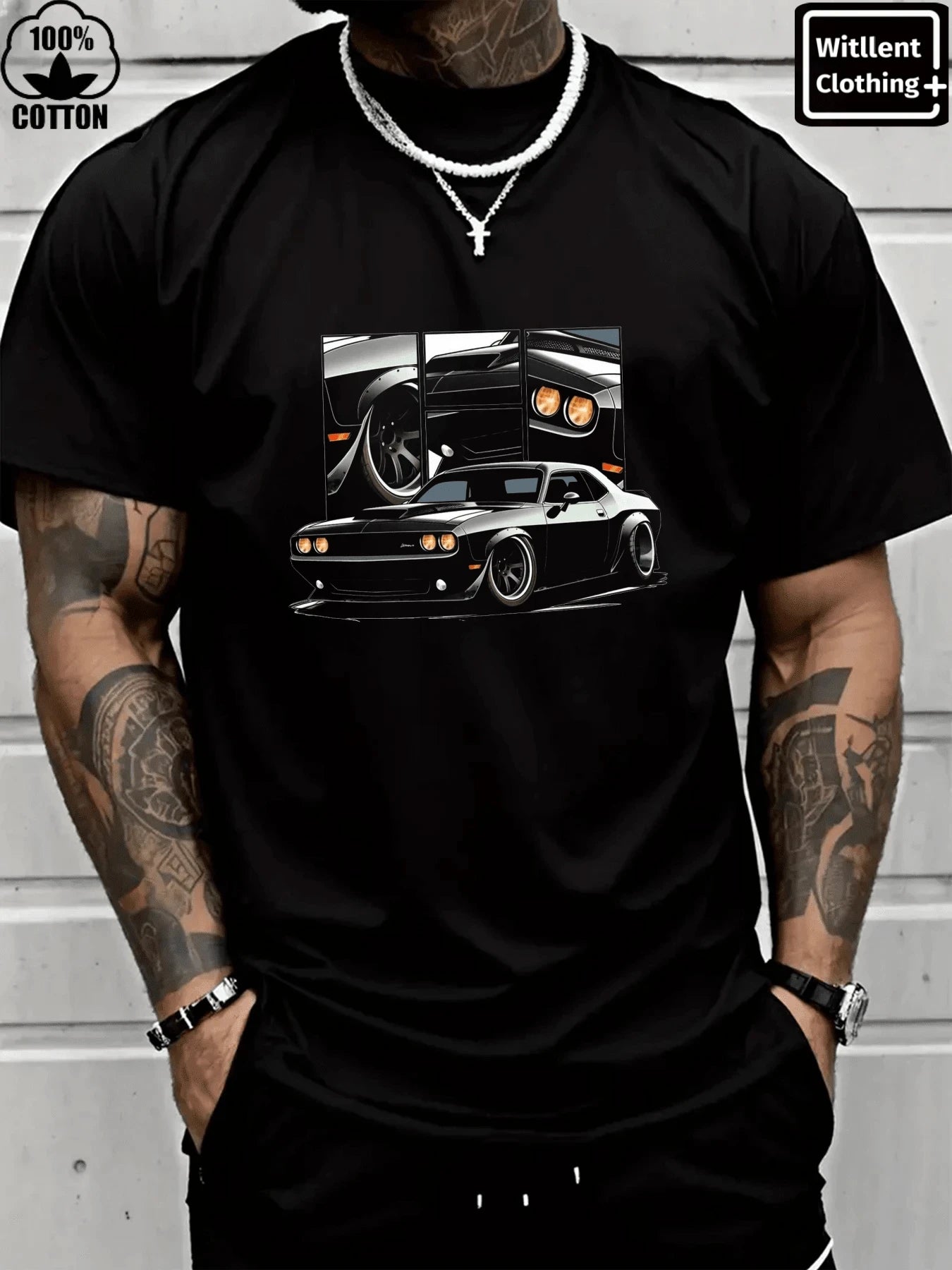 Graphic Mens Cotton T-Shirt  Black Casual Summer Car Challenger Racing Automobile T-Shirt DesignComfortable For Daily WearTravel
