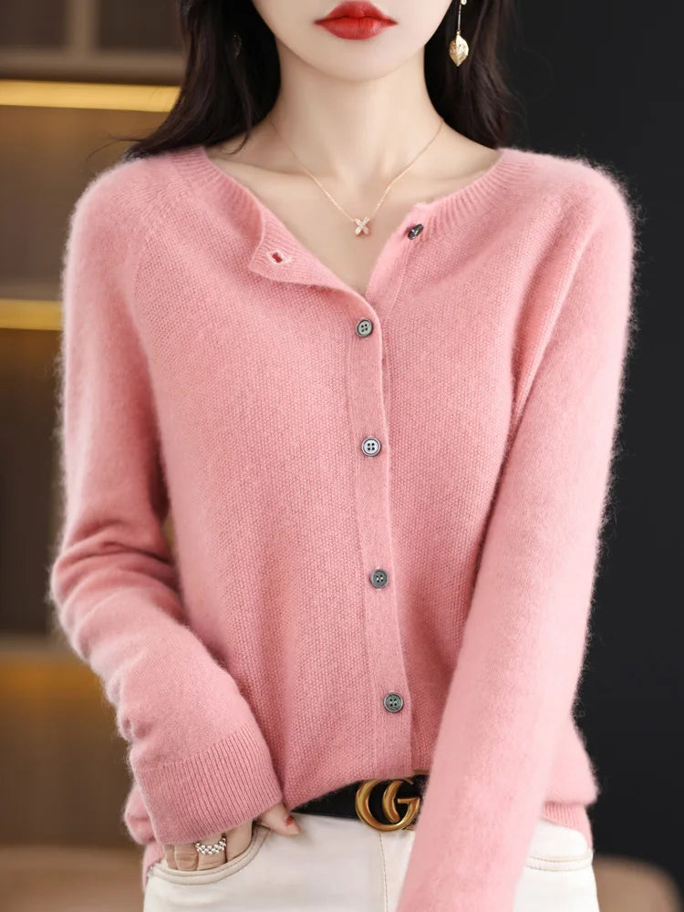 New Fashion 100% Merino Wool Women's O-neck Cardigan Cashmere Sweater 2025 Female Clothing Grace Knitwear Korean Tops