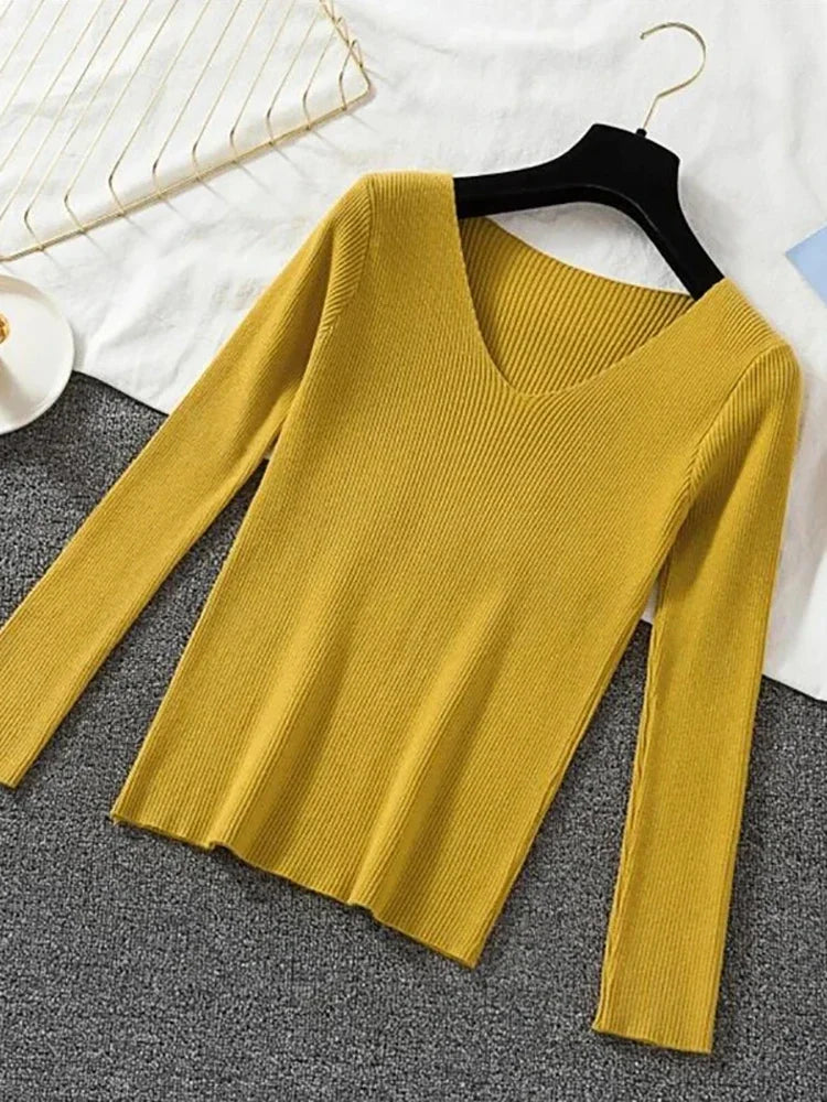2025 Fashion V-neck Elastic Basic Top New Women Sweater Long Sleeve Pullover Female Winter Solid Knitted Jumper