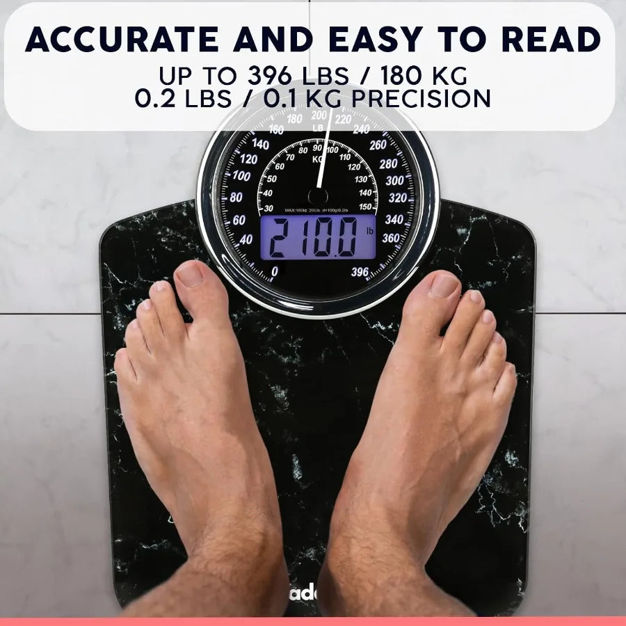Hybrid 2in1 Analog Digital Weighing Scale for Body Weight up to 400lbs with Thick Tempered Glass Surface Extra Large Backlit Di
