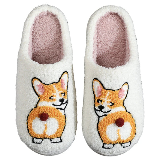 Plush Dog Slippers Fuzzy Indoor Slippers Anti Slip Closed Toe Slippers Comfortable Funny Corgi Dog Slippers for Indoor Bedroom