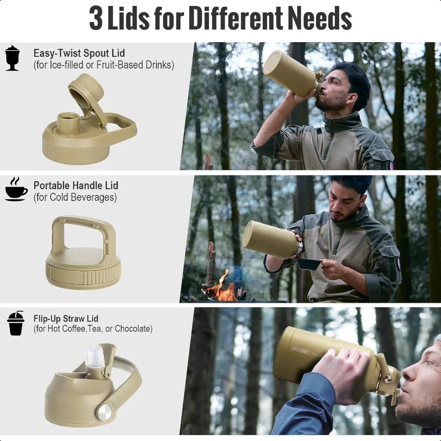 Tactical Half Gallon Water Bottle 64 oz Vacuum Insulated 3 BPA Free Lids Paracord Handle MOLLE Water Pouch Leakproof Sport Bott