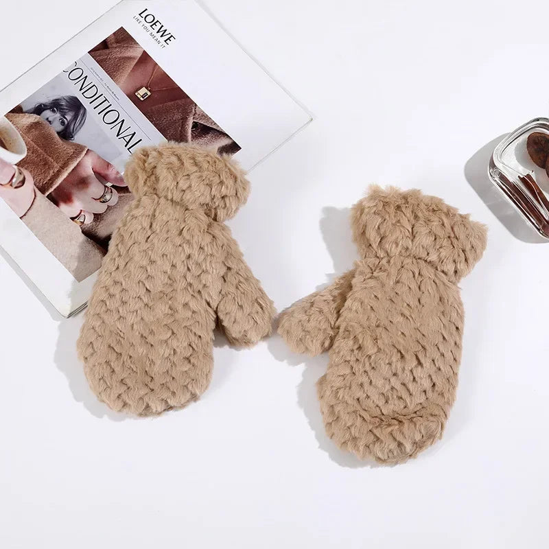 Elegant Thicken Plush Soft Winter Fingerless Gloves Women Warm Fur Mittens Cold Protection Velvet lining Outdoor Fluffy Gloves