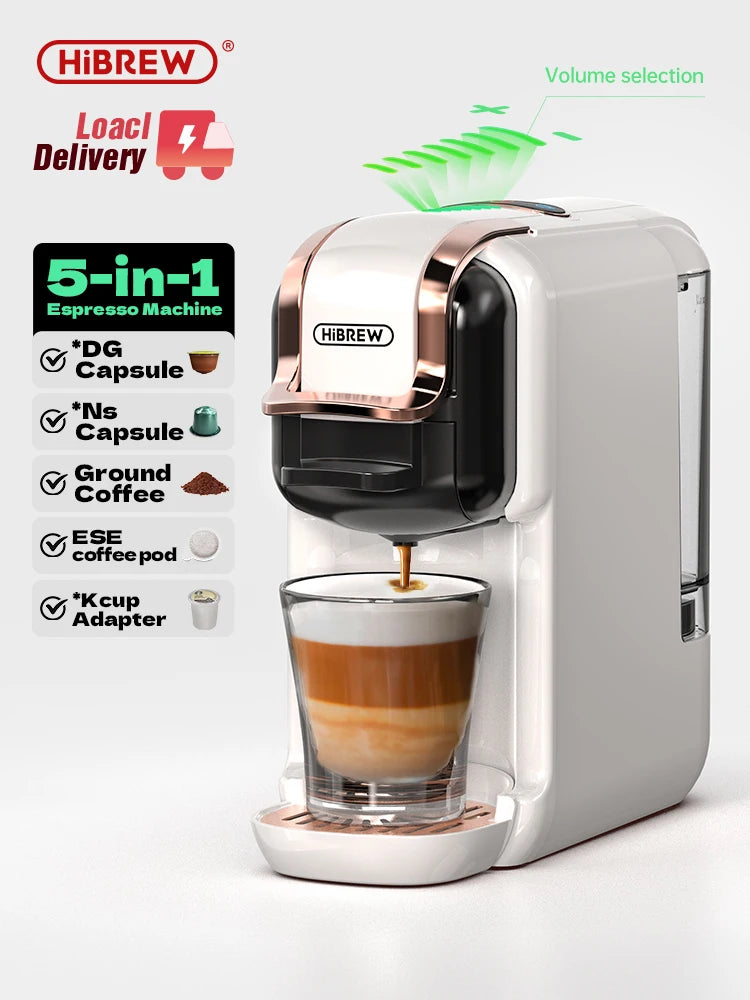 HiBREW 5 in 1 Multiple Capsule Coffee Machine Hot/Cold DG Cappuccino Nes Small Capsule ESE Pod Ground Coffee Cafeteria 20Bar H2B