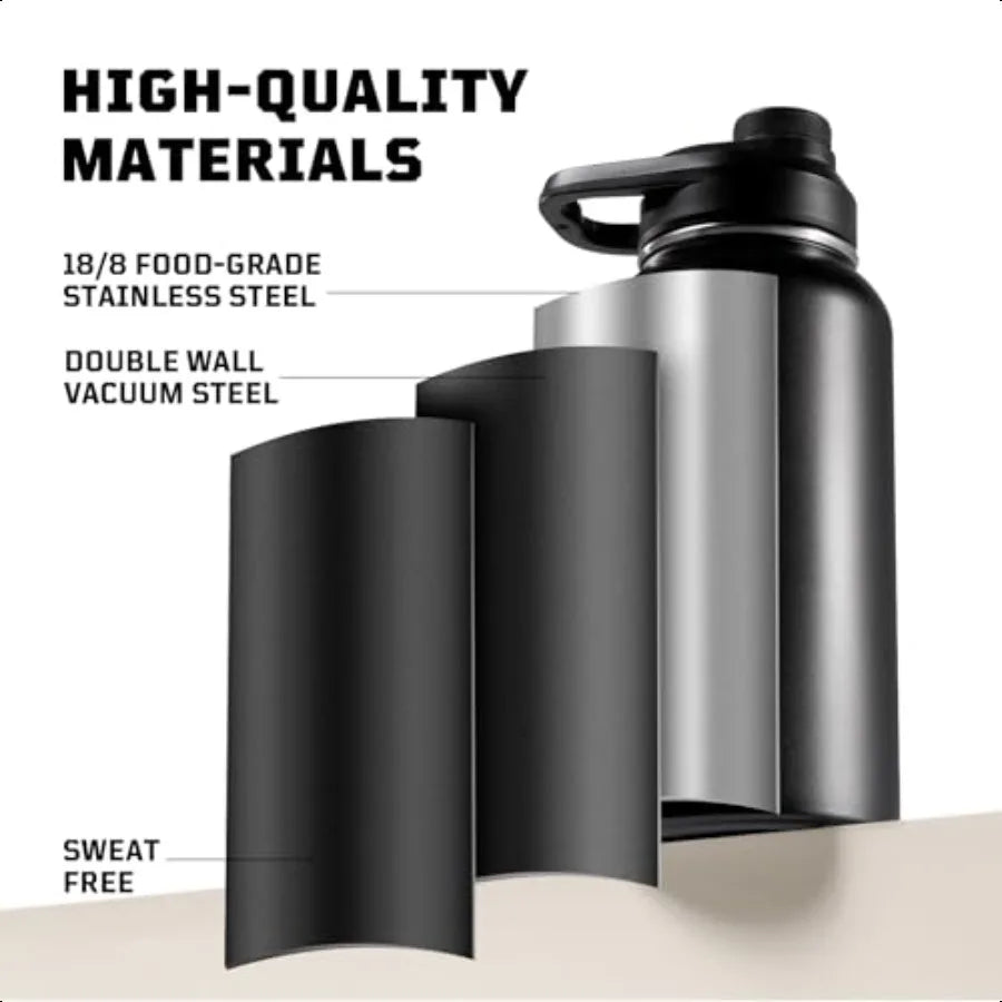 32 oz Insulated Water Bottle with Straw 3 Lids Leakproof Wide Mouth Protective Sleeve Tactical Stainl Steel For Travel Gym Camp