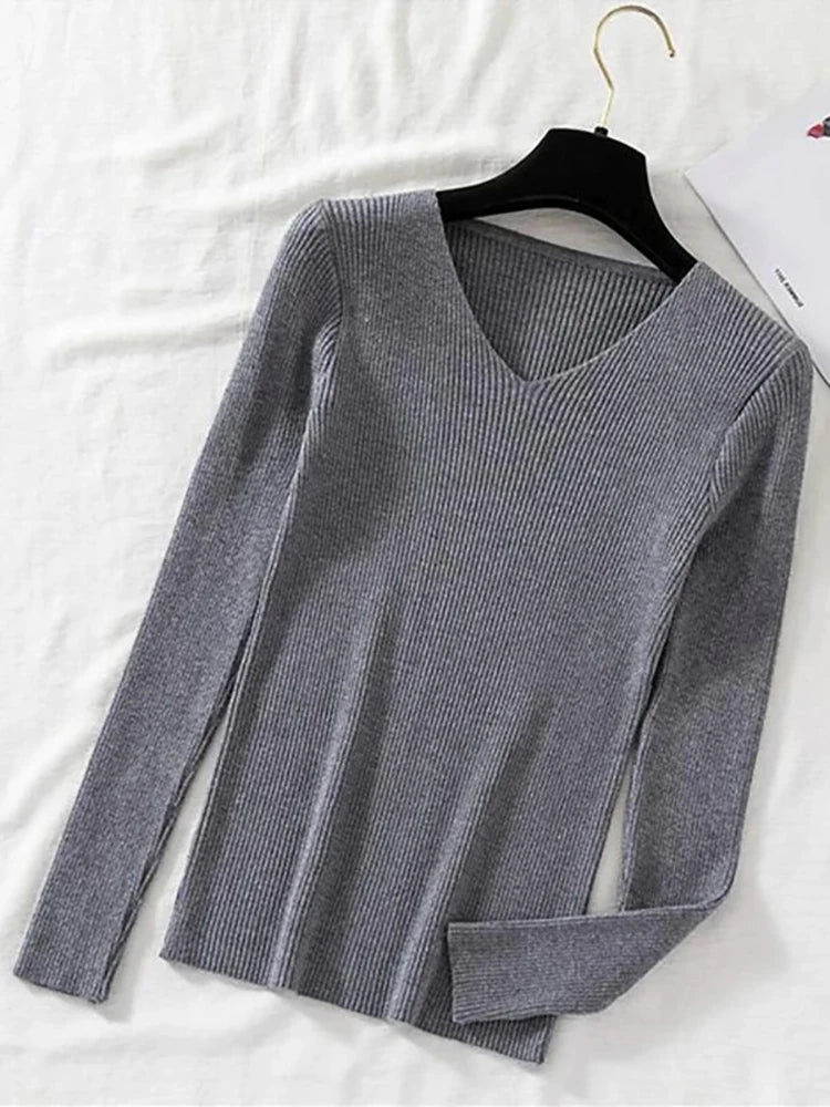 2025 Fashion V-neck Elastic Basic Top New Women Sweater Long Sleeve Pullover Female Winter Solid Knitted Jumper