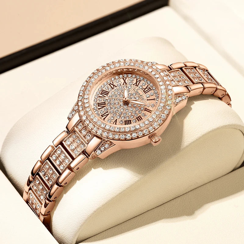 SUNKTA Women Watches Relojes Para Mujer Luxury Classic Golden Watch Women Alloy Strap Round Rhinestone Dail Quartz Wristwatches