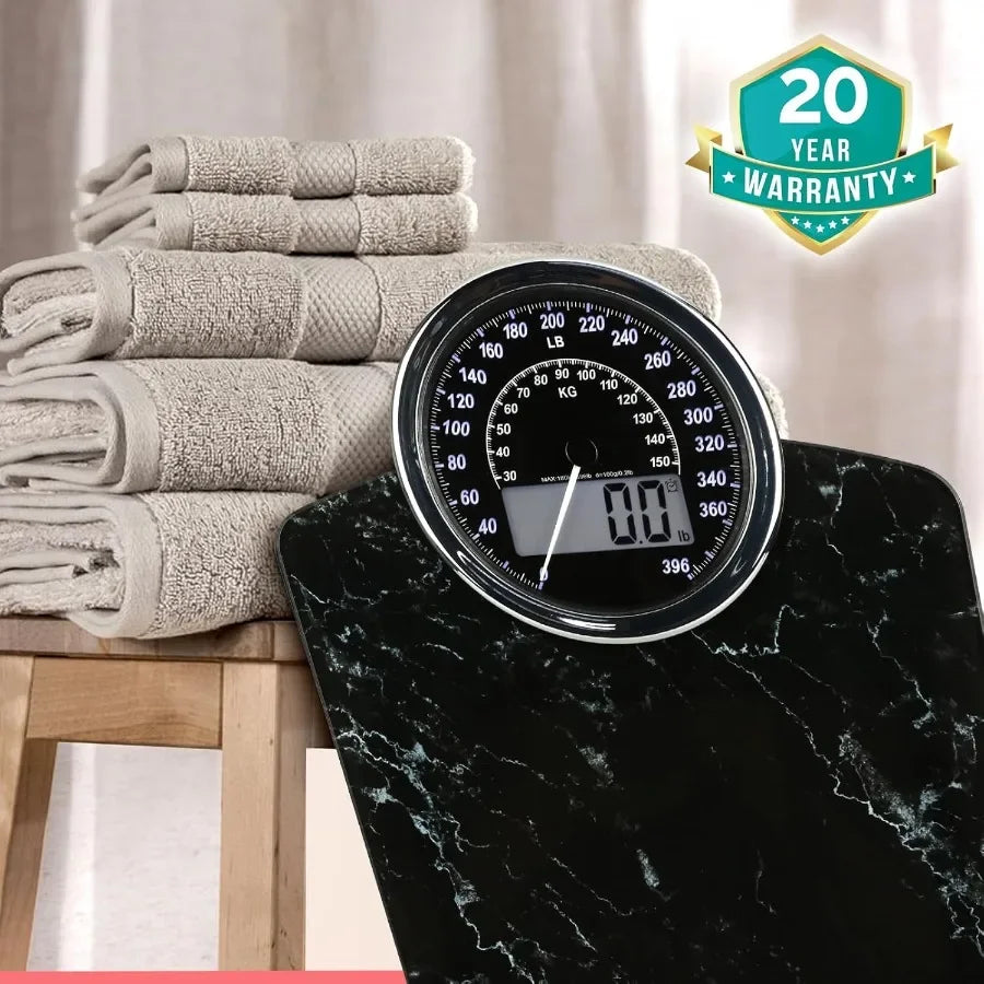 Hybrid 2in1 Analog Digital Weighing Scale for Body Weight up to 400lbs with Thick Tempered Glass Surface Extra Large Backlit Di