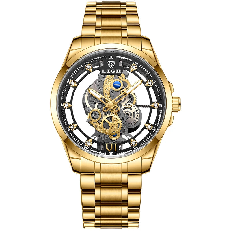 LIGE Men Watch Skeleton Quartz Wristwatch Gold Skeleton Retro Man Watch Top Brand Luxury Clock Mens Watches Relojs Hombre+Box