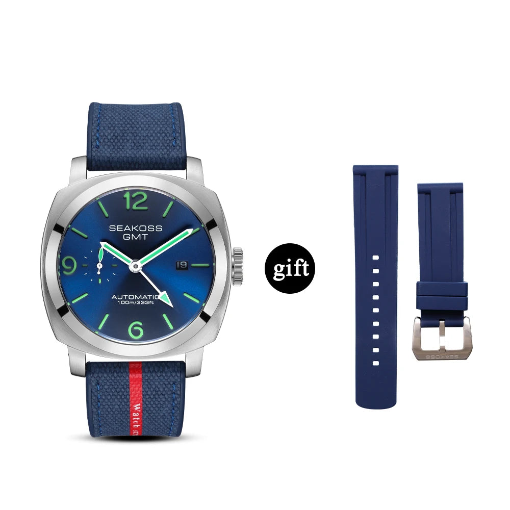 SEAKOSS Men GMT Automatic Mechanical Watches Super Luminous Calendar Original Seagull ST2557 Movement Nylon Rubber Wristwatches