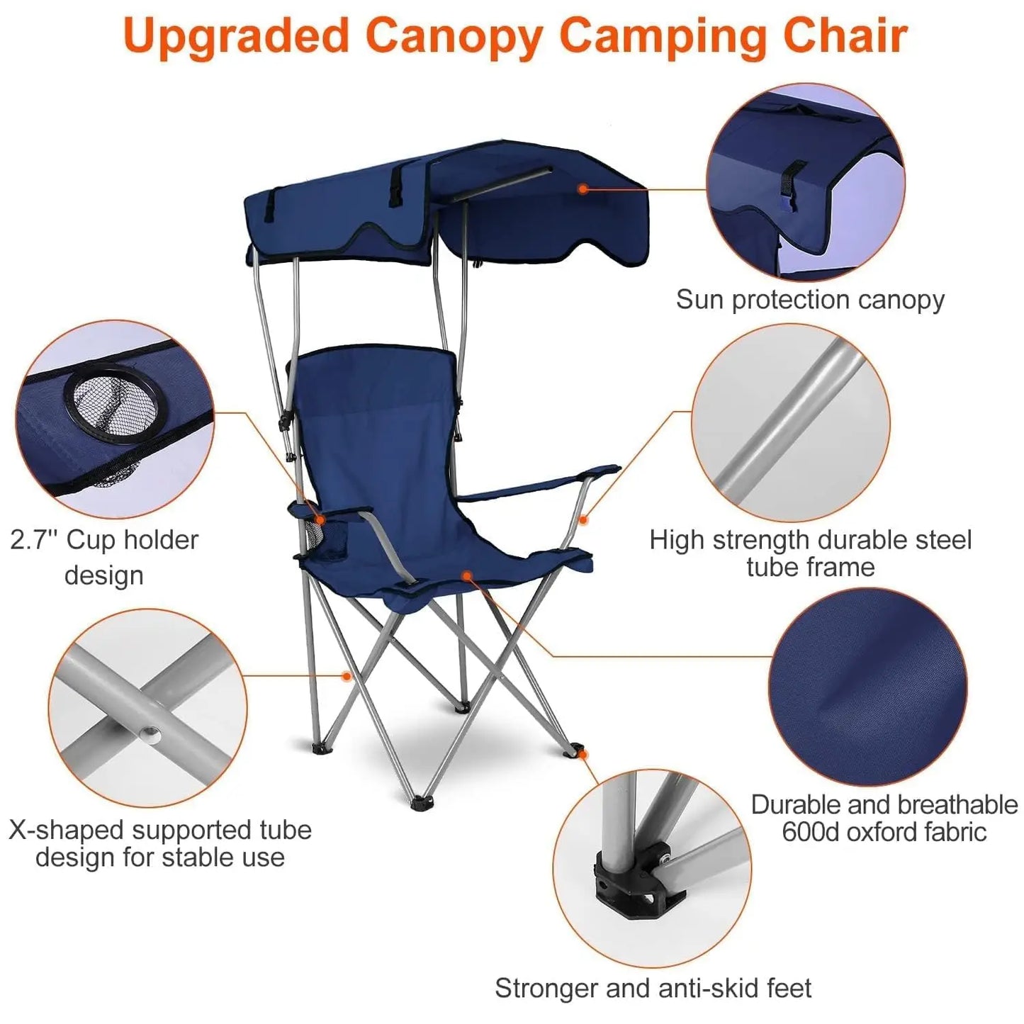 Camping Chair with Canopy, Outdoor Folding Lounge Chair with Adjustable UPF 50+ Sun Shade & Cup Holder, Portable Camping Recline