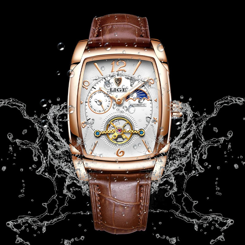 LIGE Fashion Men's Mechanical Wristwatches Top Brand Luxury Leather Square Watch Men Business Sports Tourbillon Watch For Men