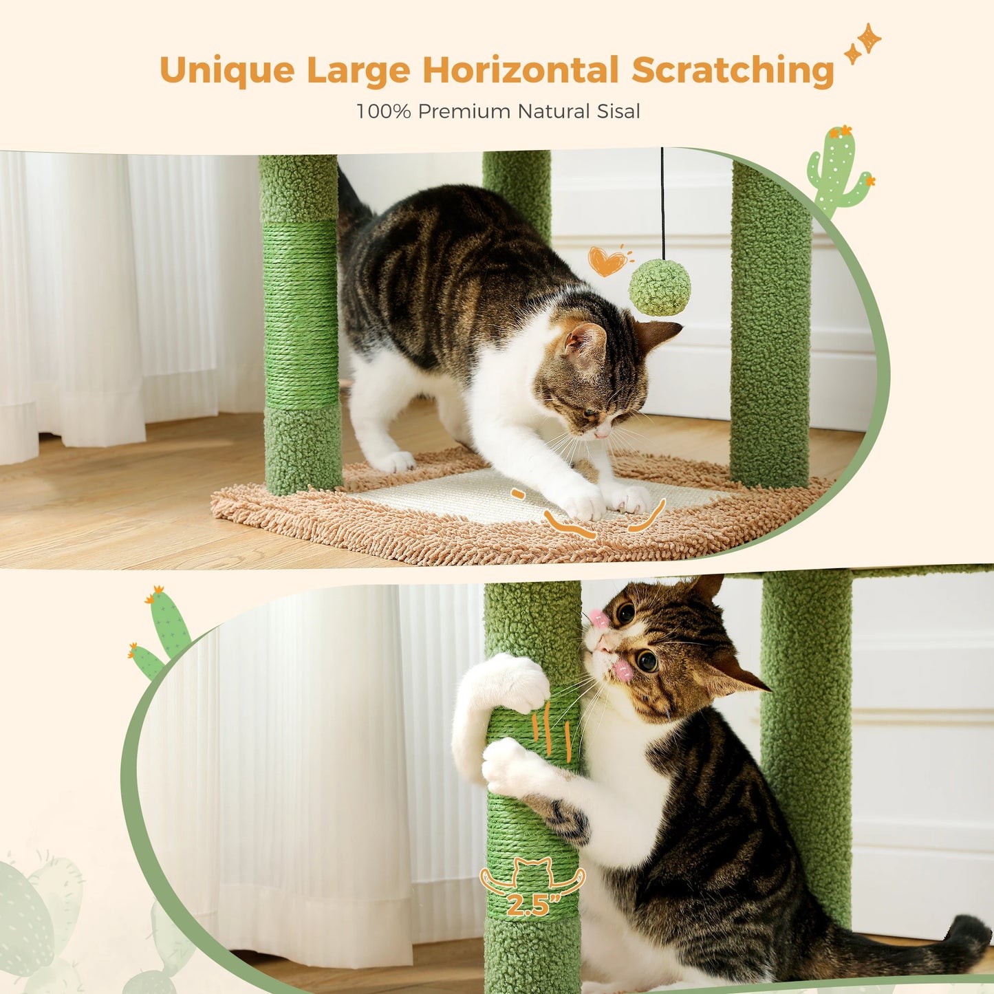 Cactus Cat Tree for Indoor, Cat Tower with Large Cat Condo, Sisal Scratching Posts& Pad, Cozy Hammock, Top Perch, Cat Furniture