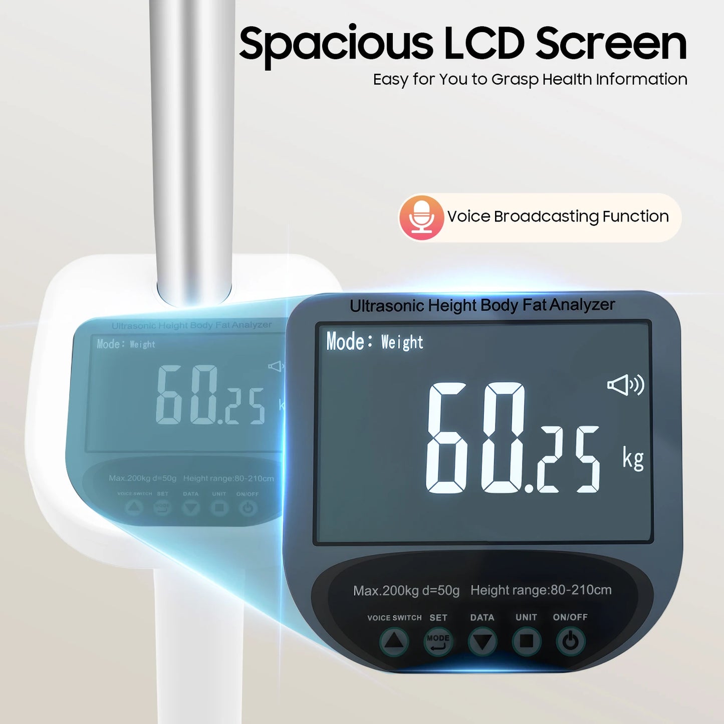 Ultrasonic Height and Body Fat Analyzer 440lb Capacity withLCD Digital Display forHome Clinic Professional Use Body  Measurement