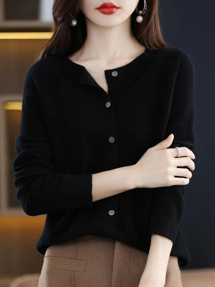 New Fashion 100% Merino Wool Women's O-neck Cardigan Cashmere Sweater 2025 Female Clothing Grace Knitwear Korean Tops
