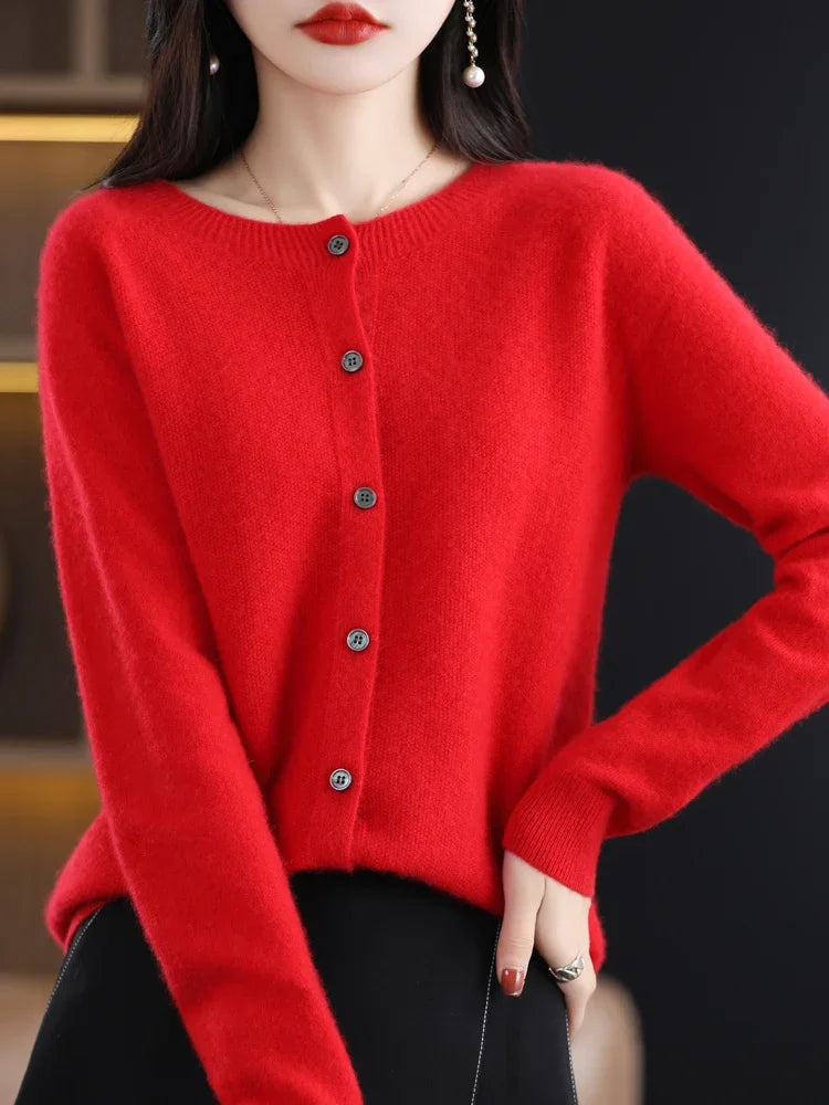 New Fashion 100% Merino Wool Women's O-neck Cardigan Cashmere Sweater 2025 Female Clothing Grace Knitwear Korean Tops