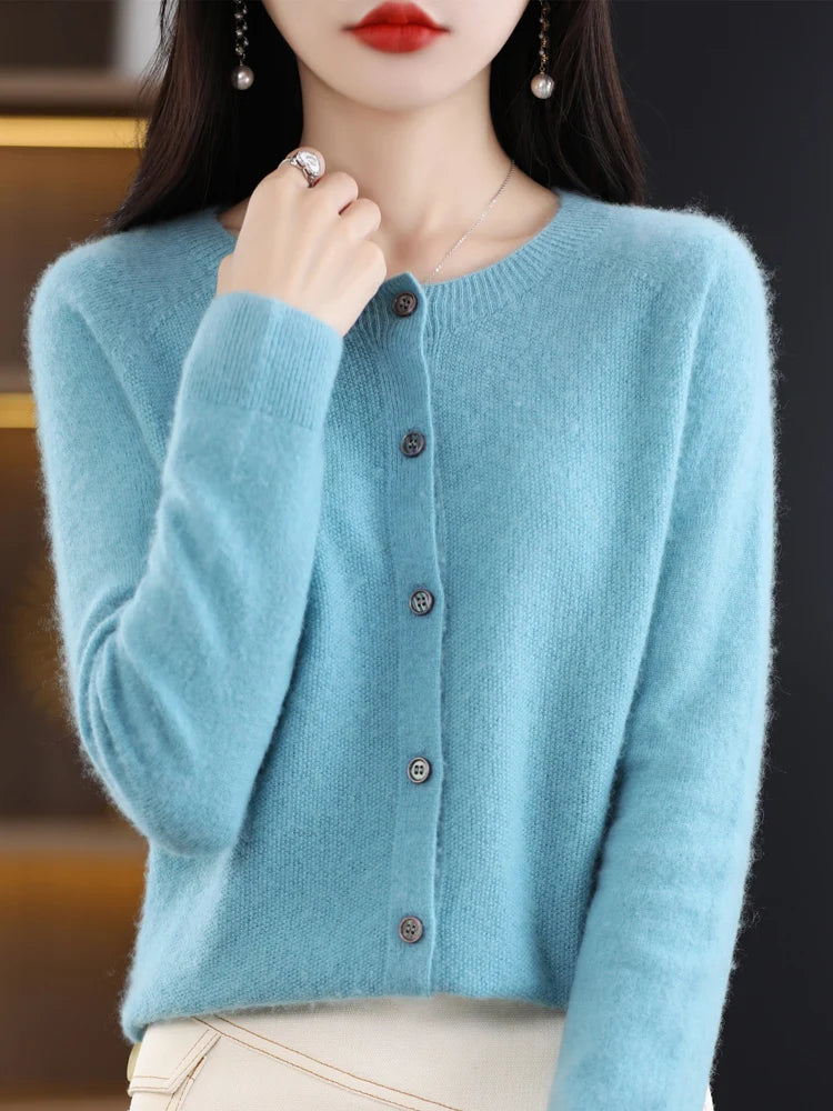 New Fashion 100% Merino Wool Women's O-neck Cardigan Cashmere Sweater 2025 Female Clothing Grace Knitwear Korean Tops