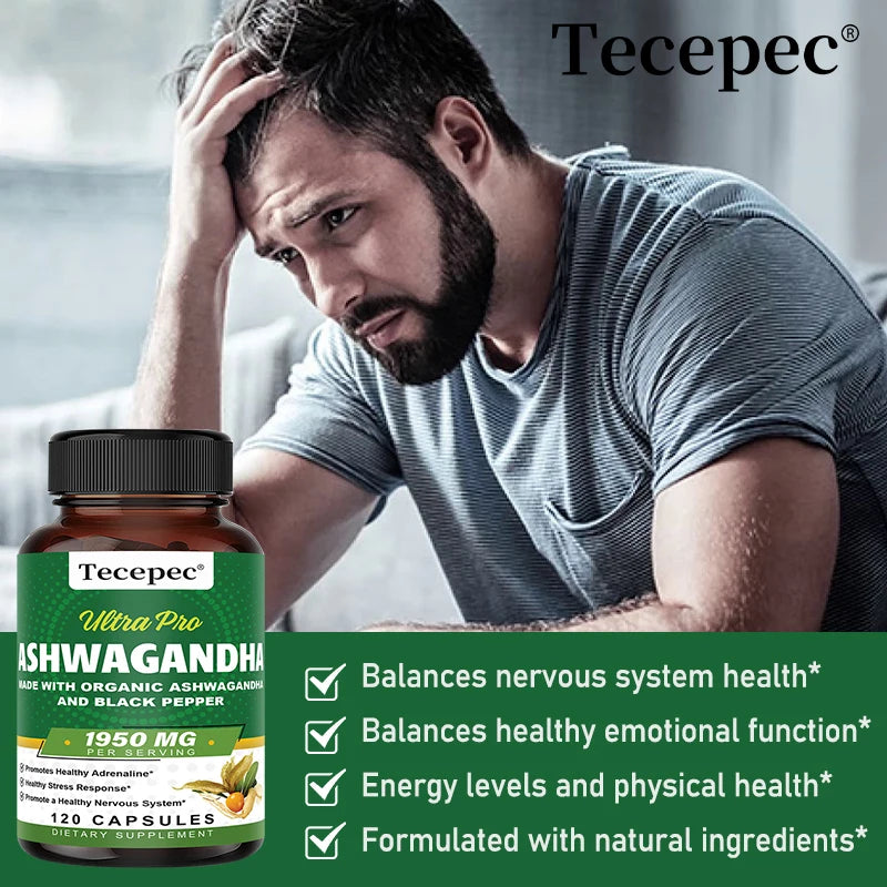 Organic Ashwagandha 1,950 mg - Super Relaxation, Calm Support, Natural Focus & Energy Support Supplement - 180 Capsules