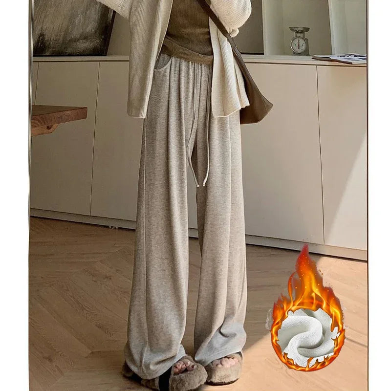 Winter Female Snow Warm Wide Leg Pants Girls Korean Plush High Waist Trousers Women Fleece Thermal Casual Daily Pants