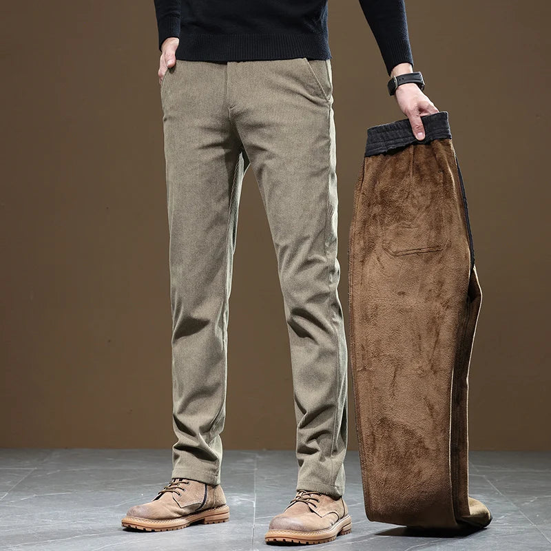 2025 New Winter Fleece Warm Corduroy Pants Men Business Fashion Slim Fit Stretch Thicken Gray Khaki Fluff Casual Trousers Male
