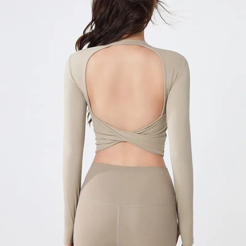 Women's Sexy Beauty Back Sport Shirt Fitness Crop Top Sports Yoga Shirt Long Sleeve Pilates Sportswear Workout Training Gym Tops