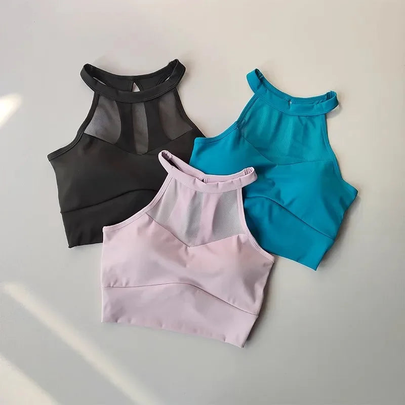 Sexy mesh sports bra with pads yoga clothes vest for women running beauty back gym top sports bra quick-dry fitness tank vest
