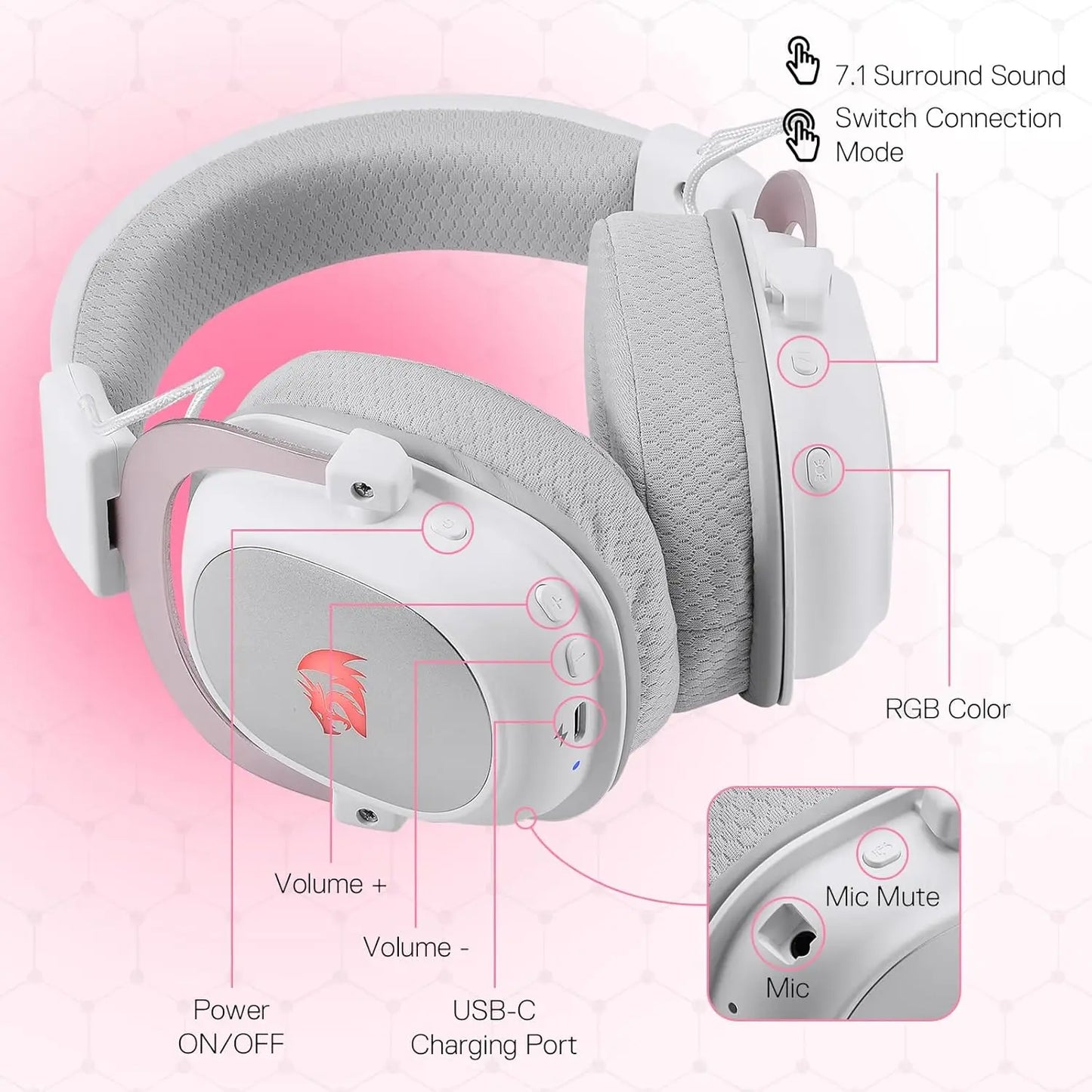 Redragon H510 PRO 3-Mode RGB Gaming 7.1 Surround Sound Headset,53MM Audio Drivers in Memory Foam Ear Pads Headphone