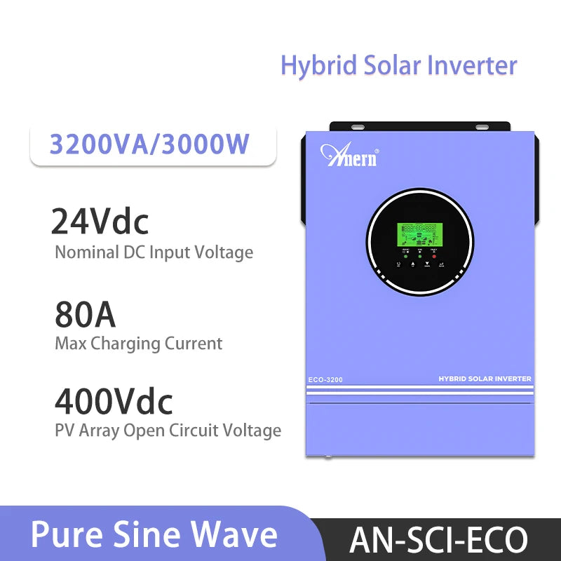 Anern 6.2KW 4.2KW 3KW 1.6KW Hybrid Inverter Off Grid Dual AC Output MPPT 120A on Grid Solar Inverter 48V 24V 12V 230V PV 500Vdc