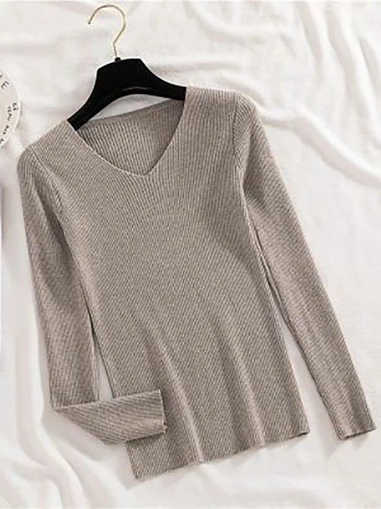 2025 Fashion V-neck Elastic Basic Top New Women Sweater Long Sleeve Pullover Female Winter Solid Knitted Jumper