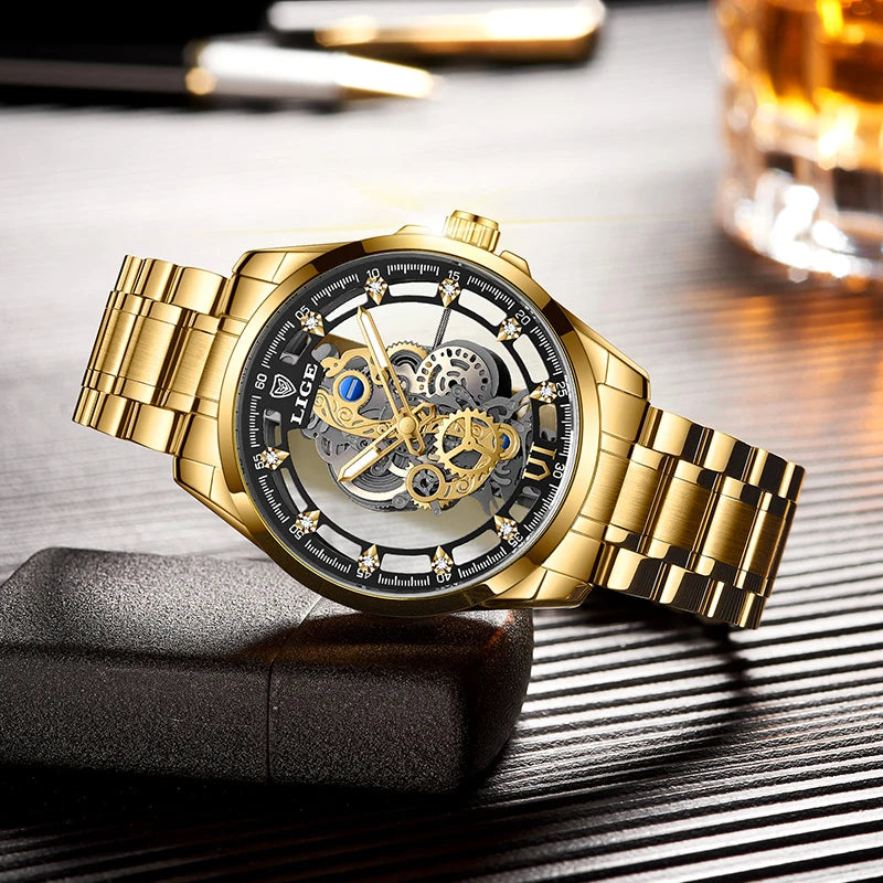 LIGE Men Watch Skeleton Quartz Wristwatch Gold Skeleton Retro Man Watch Top Brand Luxury Clock Mens Watches Relojs Hombre+Box