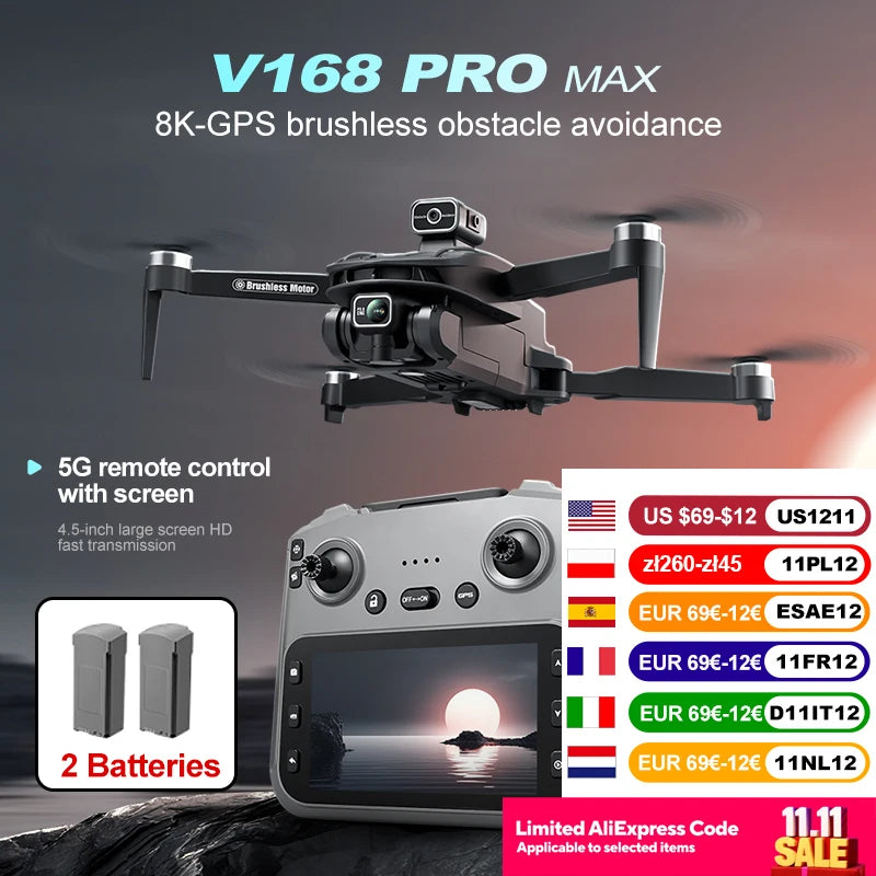 V168 Max Mini Drone Screen Ccontrol 8K HD Dual Cameras Remote 5G WIFI FPV Remote Control Portable Obstacle Avoidance Drone