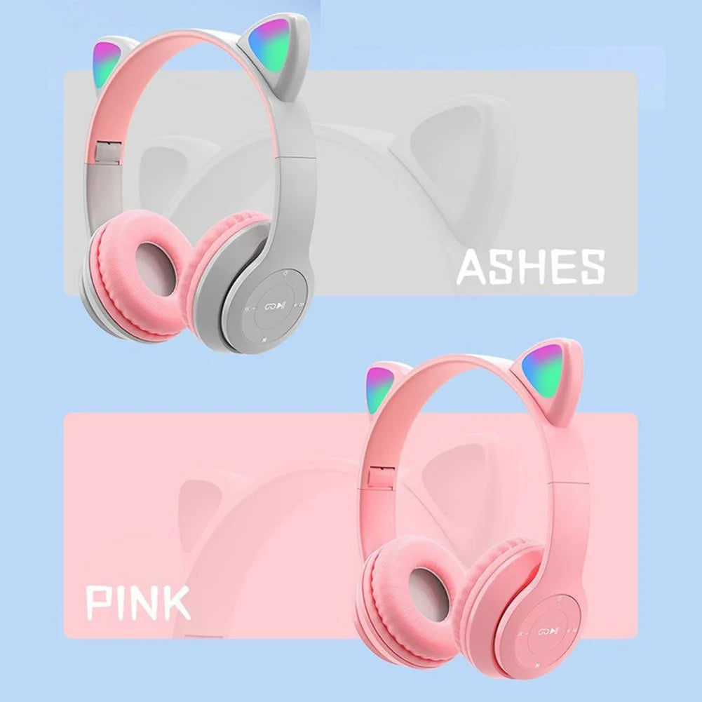 Wireless Headphones Cat Ear Bluetooth-Compatible Helmets Glow Light Over-Ear Headsets Cute Sports Headphones for Kids and Adult