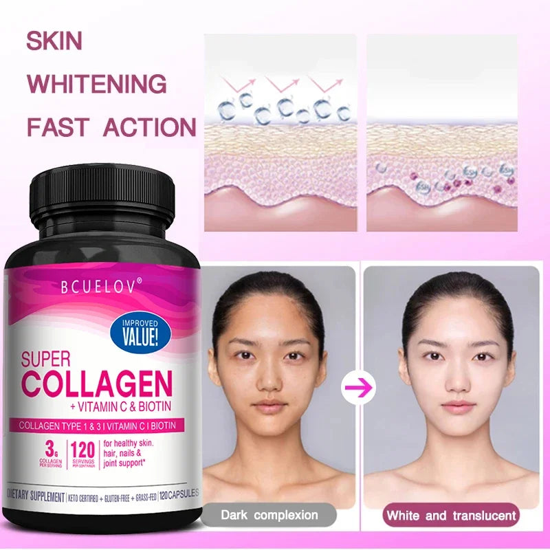 Collagen + Vitamin C plus Biotin, Anti-Aging Support, Antioxidant, Brightener, Skin, Hair & Nails Supplement, 120 Capsules