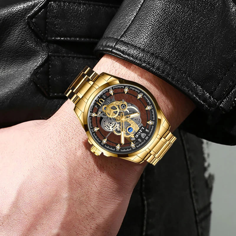 LIGE Men Watch Skeleton Quartz Wristwatch Gold Skeleton Retro Man Watch Top Brand Luxury Clock Mens Watches Relojs Hombre+Box