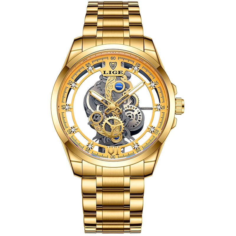 LIGE Men Watch Skeleton Quartz Wristwatch Gold Skeleton Retro Man Watch Top Brand Luxury Clock Mens Watches Relojs Hombre+Box