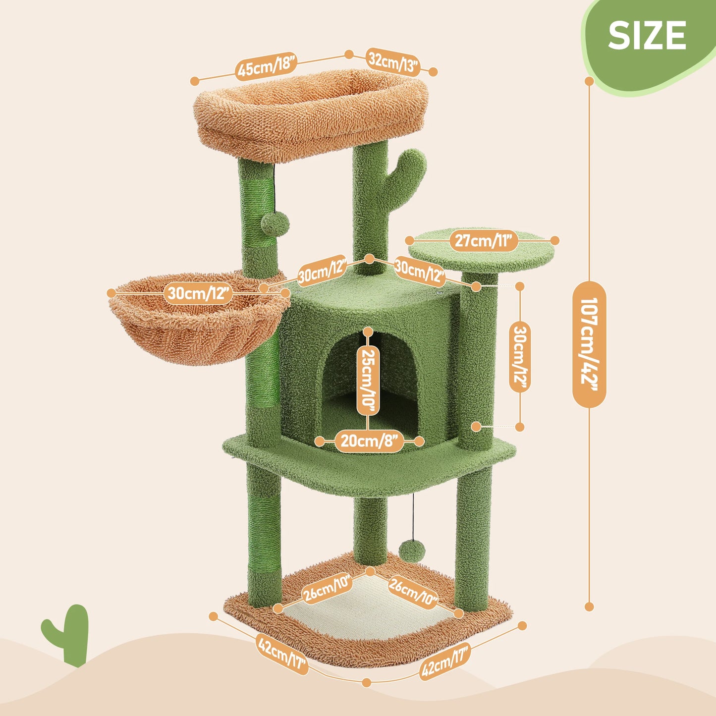 Cactus Cat Tree for Indoor, Cat Tower with Large Cat Condo, Sisal Scratching Posts& Pad, Cozy Hammock, Top Perch, Cat Furniture