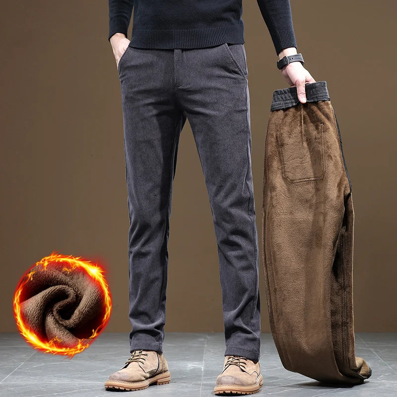 2025 New Winter Fleece Warm Corduroy Pants Men Business Fashion Slim Fit Stretch Thicken Gray Khaki Fluff Casual Trousers Male