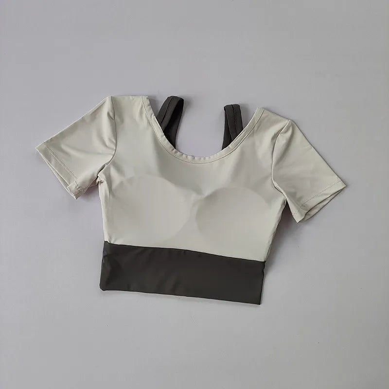 Women's Padded Yoga Shirts Short Sleeve Sports Crop Top Fitness Gym Workout T-Shirt Sexy Cropped Running Tights Clothing