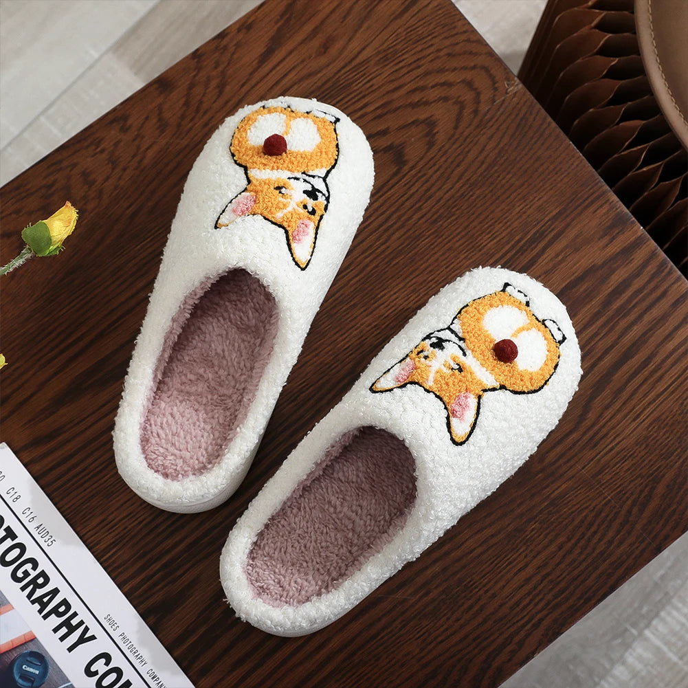Plush Dog Slippers Fuzzy Indoor Slippers Anti Slip Closed Toe Slippers Comfortable Funny Corgi Dog Slippers for Indoor Bedroom