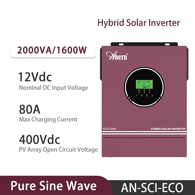 Anern 6.2KW 4.2KW 3KW 1.6KW Hybrid Inverter Off Grid Dual AC Output MPPT 120A on Grid Solar Inverter 48V 24V 12V 230V PV 500Vdc