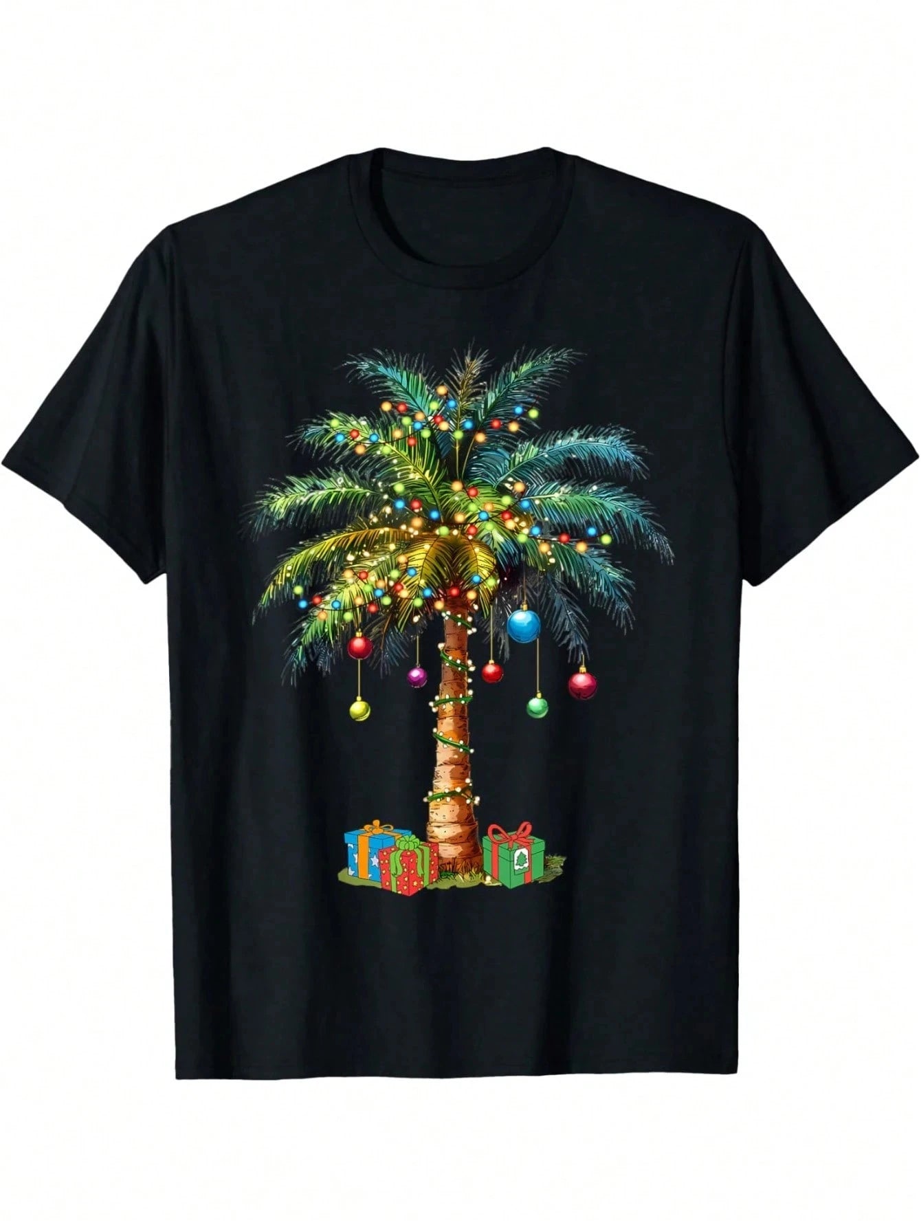 Men Tropical Christmas Hawaiian Santa Xmas Lights Palm Tree T-Shirt Funny Graphic Tshirts For MenRound Neck Loose Casual Tees