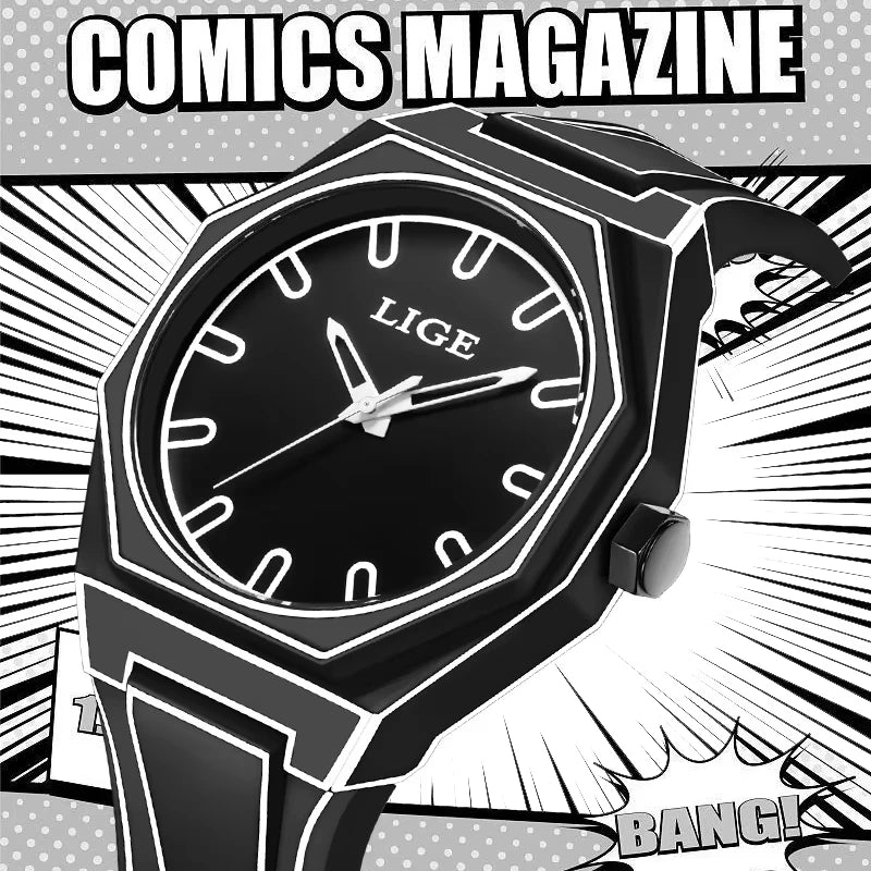 LIGE Sketching Design Man Watch Classic Simple Silicone Strap Leisure Men's Quartz Wristwatch Creative Minimalist Watch for Men