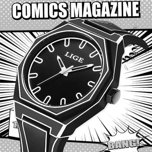 LIGE Sketching Design Man Watch Classic Simple Silicone Strap Leisure Men's Quartz Wristwatch Creative Minimalist Watch for Men