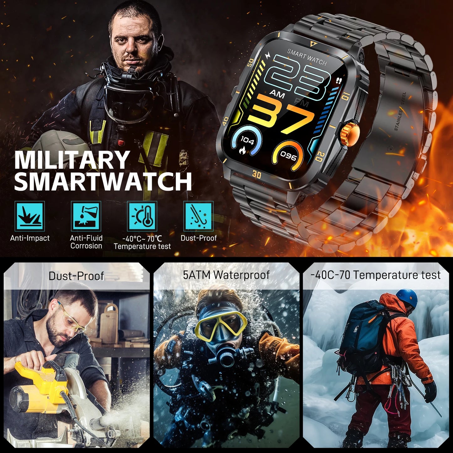 LaNikar Smart Watch 3ATM Waterproof  IPS Screen Military KT71 Men 100+ Sport Mode Heart Rate Blood Pressure For Huawei Xiaomi