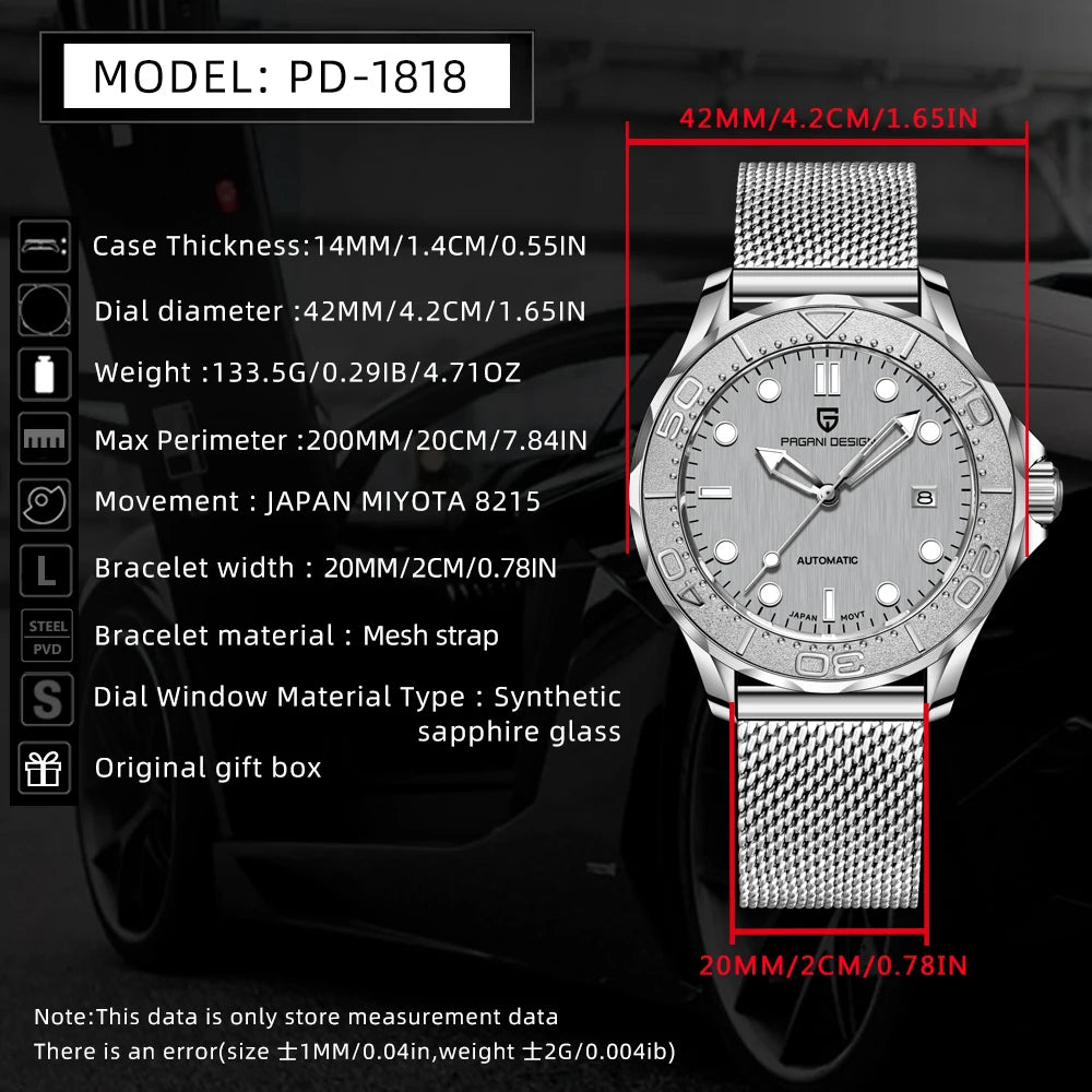 PAGANI DESIGN 007 Mens Watches Luxury Automatic Watch For Men Mechanical Wristwatch AR Sapphire Mirror Super Luminous Waterproof