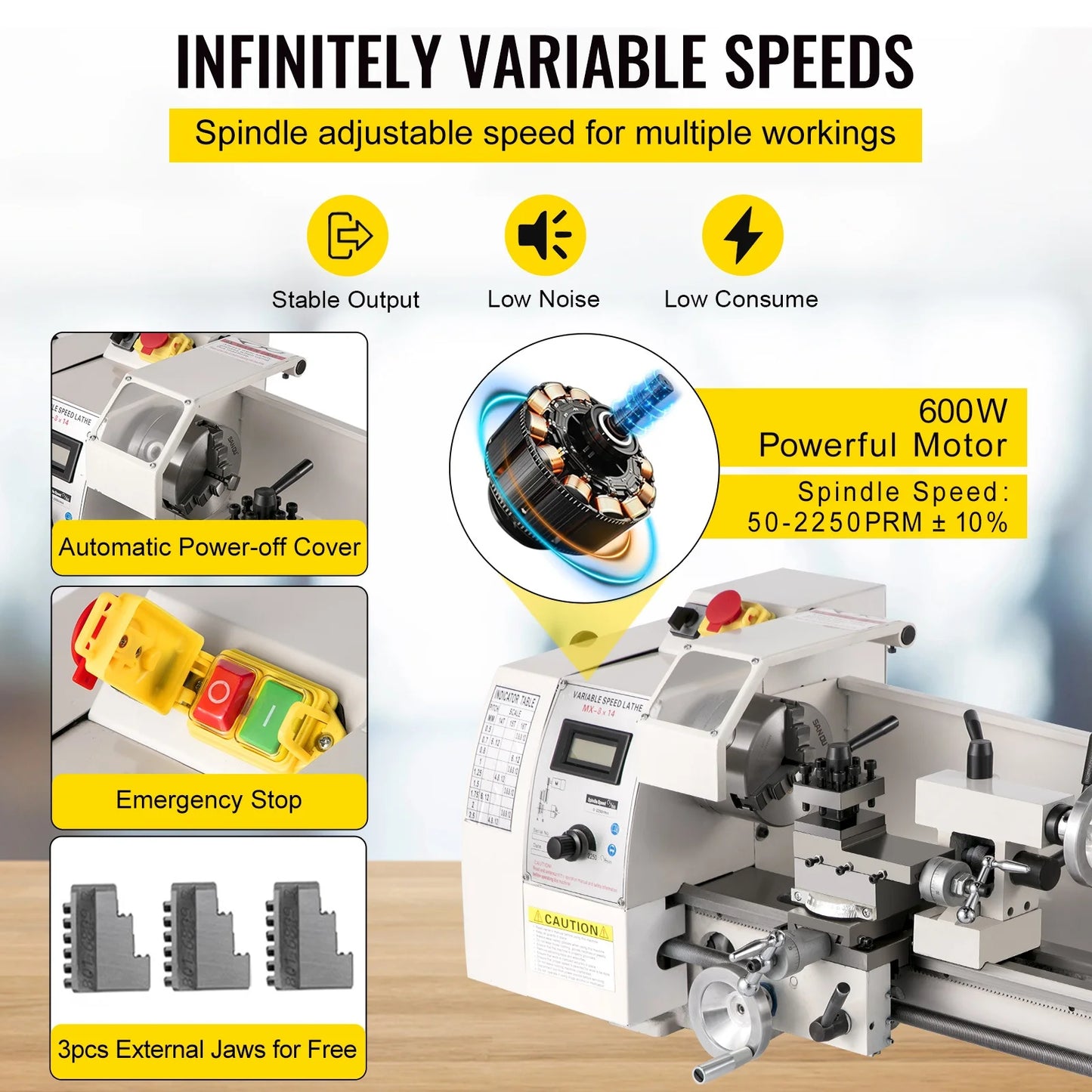 SucceBuy Mini Metal Lathe 8x14'' 2250PRM Variable Speed 600W Metal Working Lathe Milling Machine, Various Types of Metal Turning