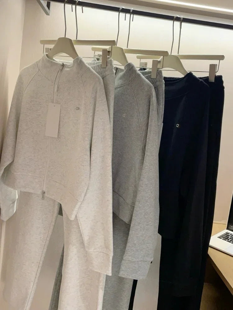 Woman Autumn Stand Up Collar Casual Zipper Jacket Suit Fashion Loose Straight TrousersSweatshirts Sweatpants 2 Pieces Set for