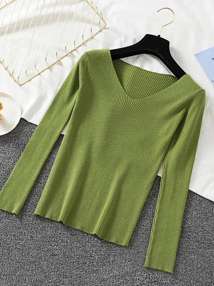 2025 Fashion V-neck Elastic Basic Top New Women Sweater Long Sleeve Pullover Female Winter Solid Knitted Jumper